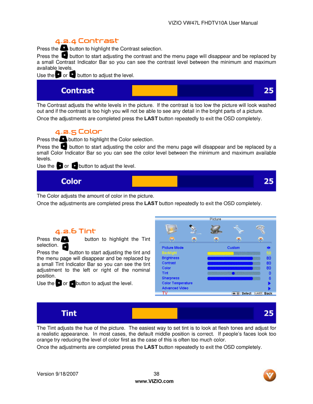Vizio VW47L FHDTV10A manual Contrast, Color, Tint 