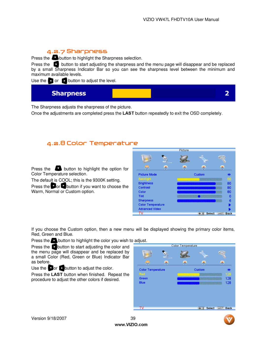 Vizio VW47L FHDTV10A manual Sharpness, Color Temperature 