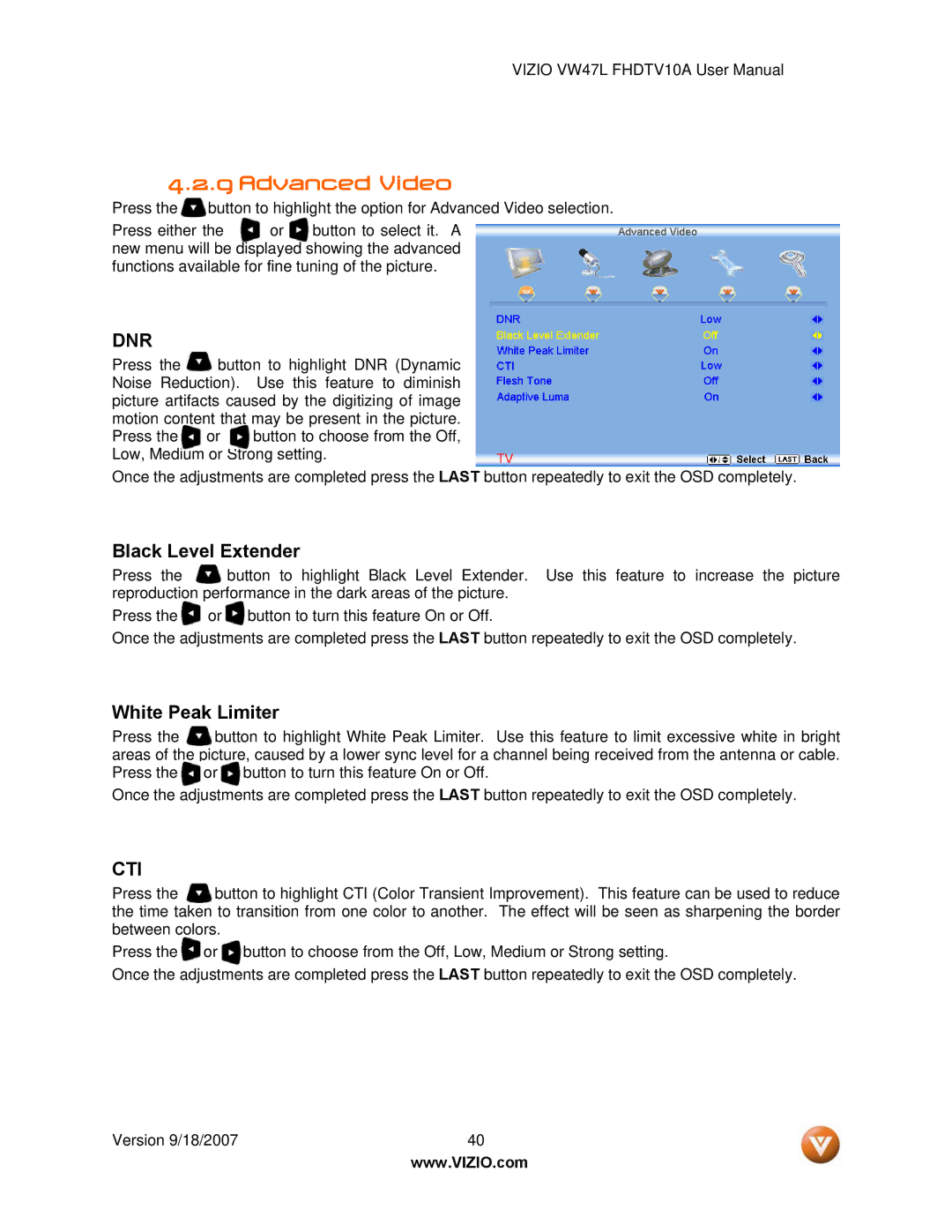 Vizio VW47L FHDTV10A manual Advanced Video, Dnr 