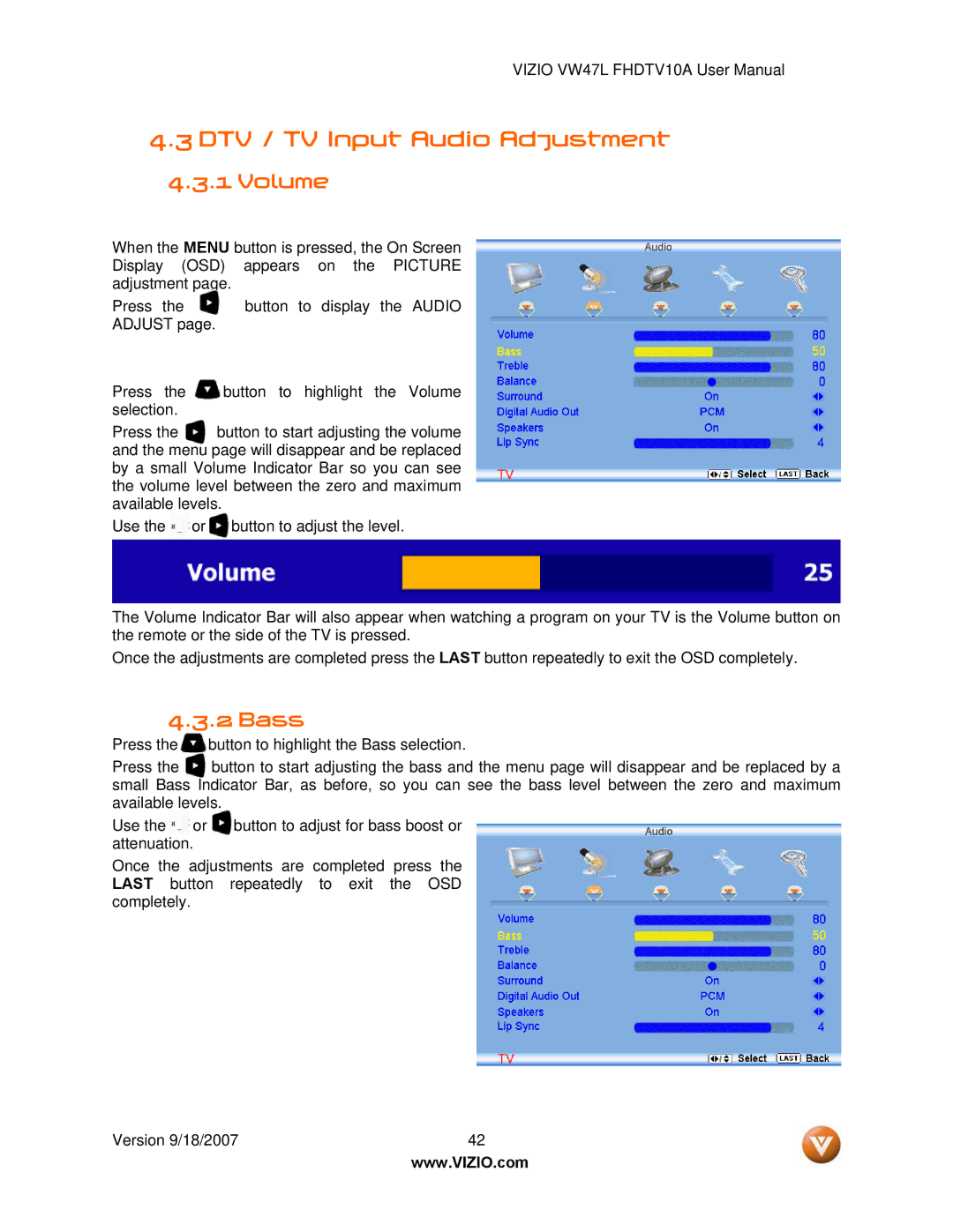 Vizio VW47L FHDTV10A manual DTV / TV Input Audio Adjustment, Volume, Bass 