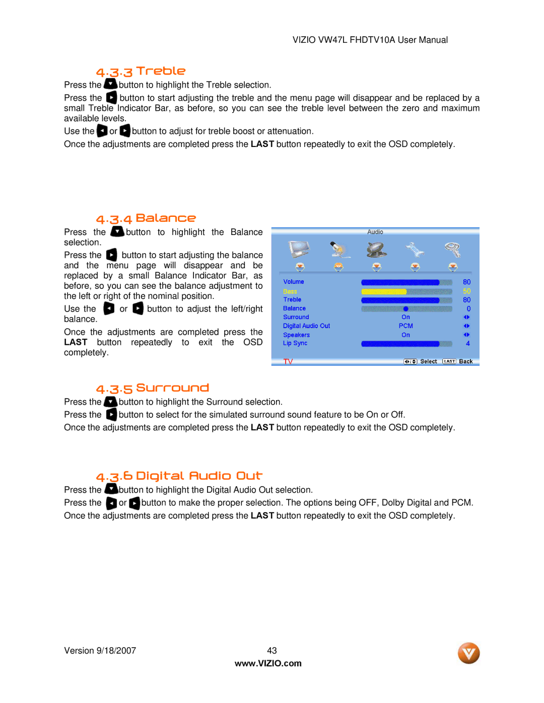 Vizio VW47L FHDTV10A manual Treble, Balance, Surround, Digital Audio Out 