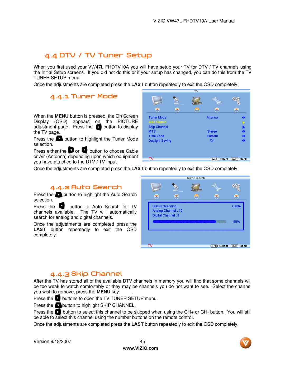 Vizio VW47L FHDTV10A manual DTV / TV Tuner Setup, Tuner Mode, Auto Search, Skip Channel 