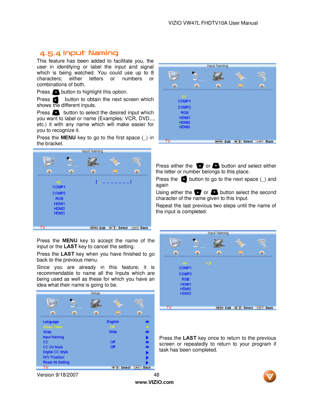 Vizio VW47L FHDTV10A manual Input Naming 