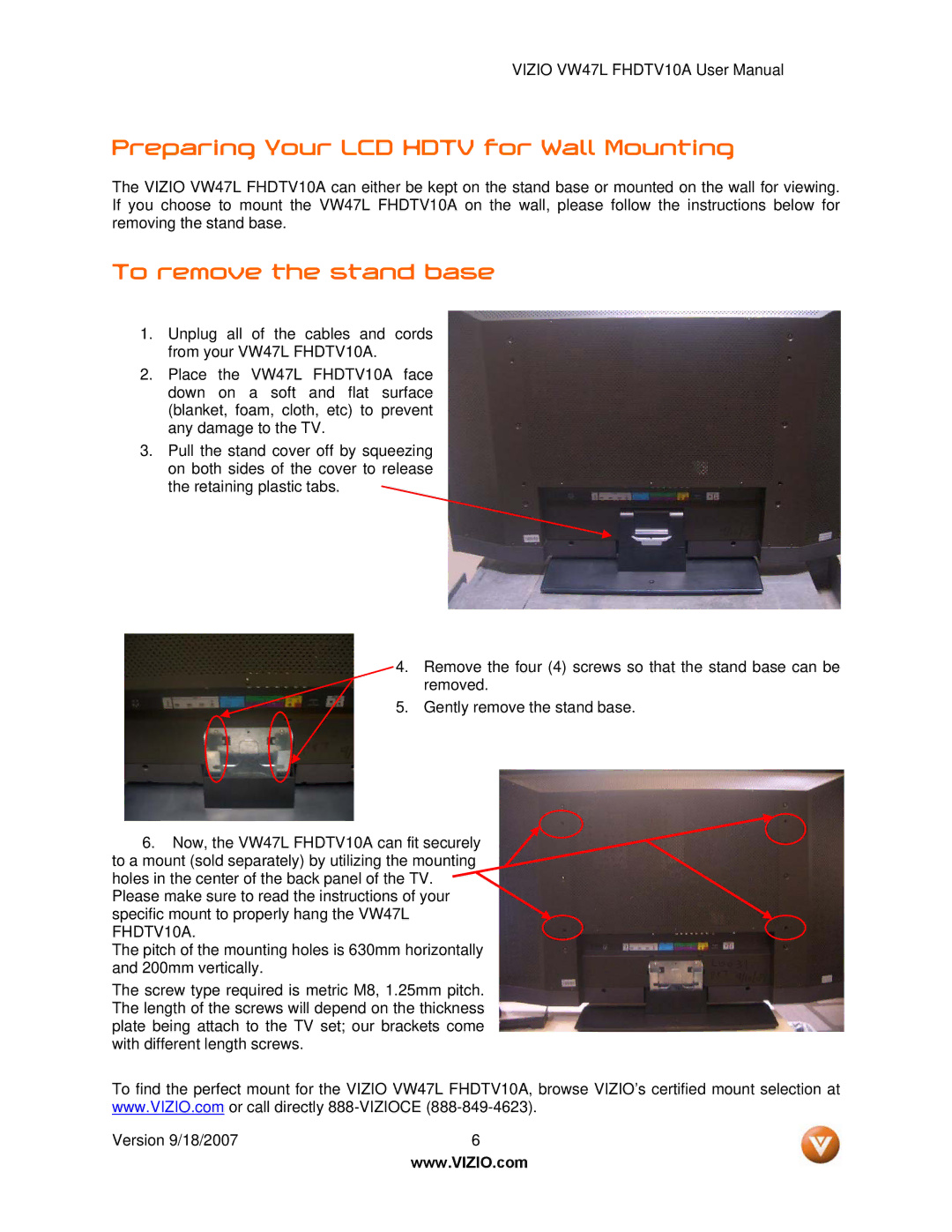 Vizio VW47L FHDTV10A manual Preparing Your LCD Hdtv for Wall Mounting, To remove the stand base 