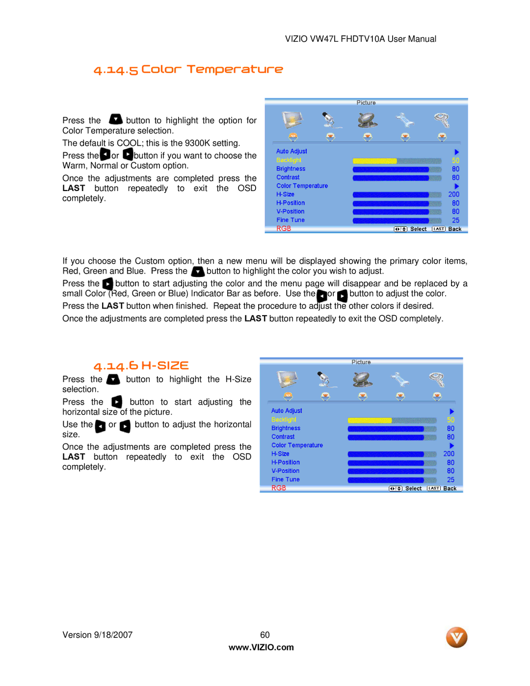 Vizio VW47L FHDTV10A manual Color Temperature, Size 