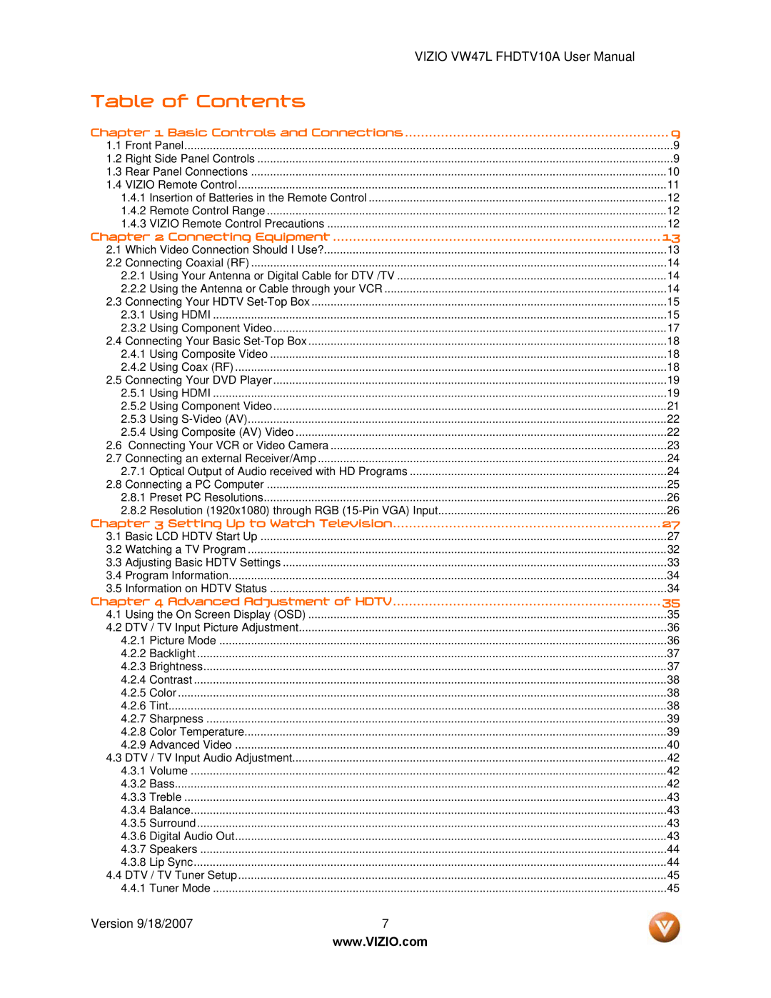 Vizio VW47L FHDTV10A manual Table of Contents 