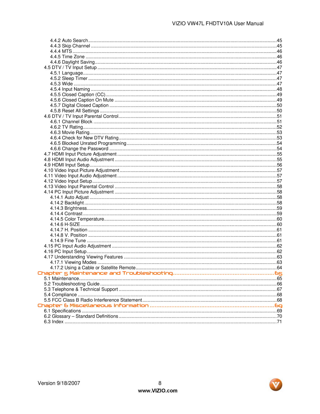 Vizio VW47L FHDTV10A manual Miscellaneous Information 