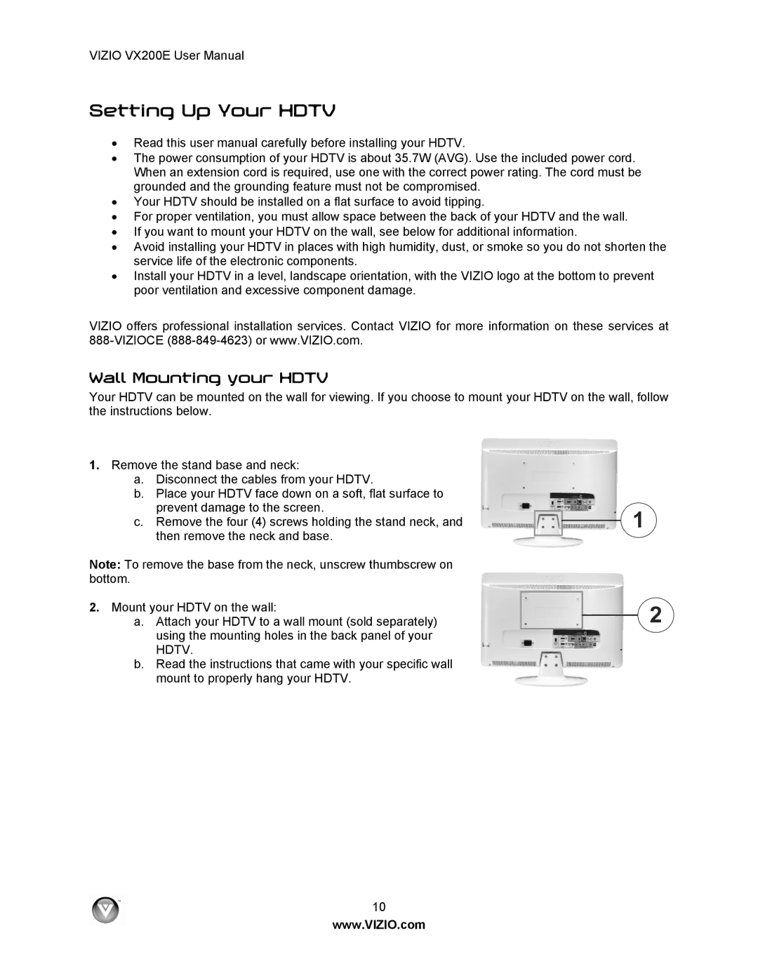 Vizio VX200E user manual Setting Up Your Hdtv, Wall Mounting your Hdtv 