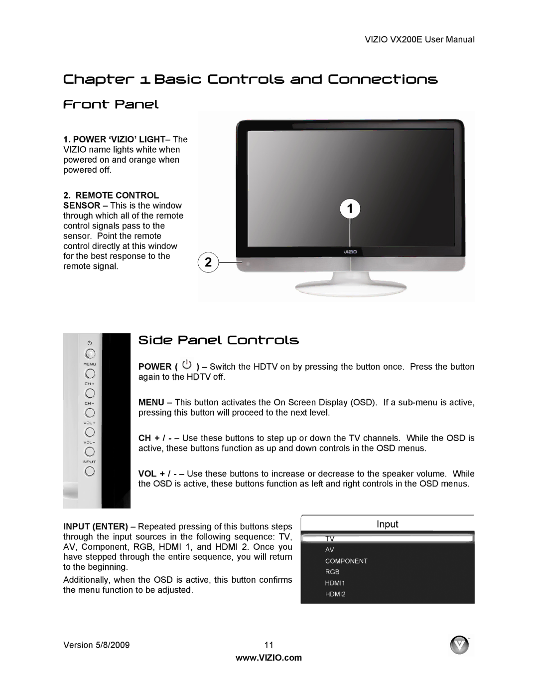 Vizio VX200E user manual Front Panel, Side Panel Controls 