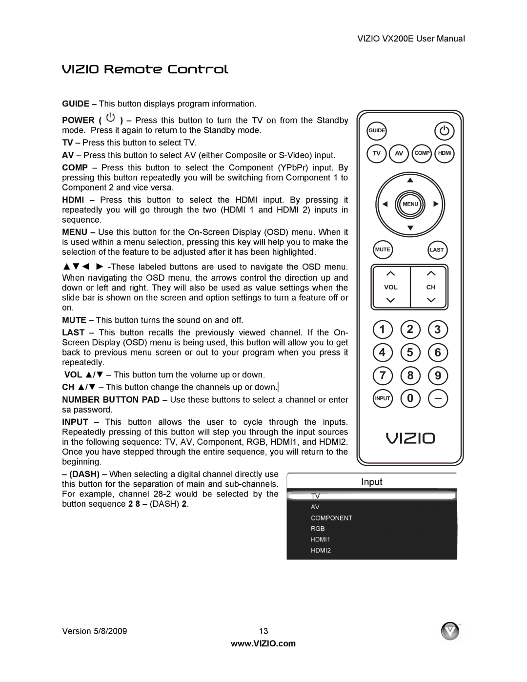 Vizio VX200E user manual Vizio Remote Control 