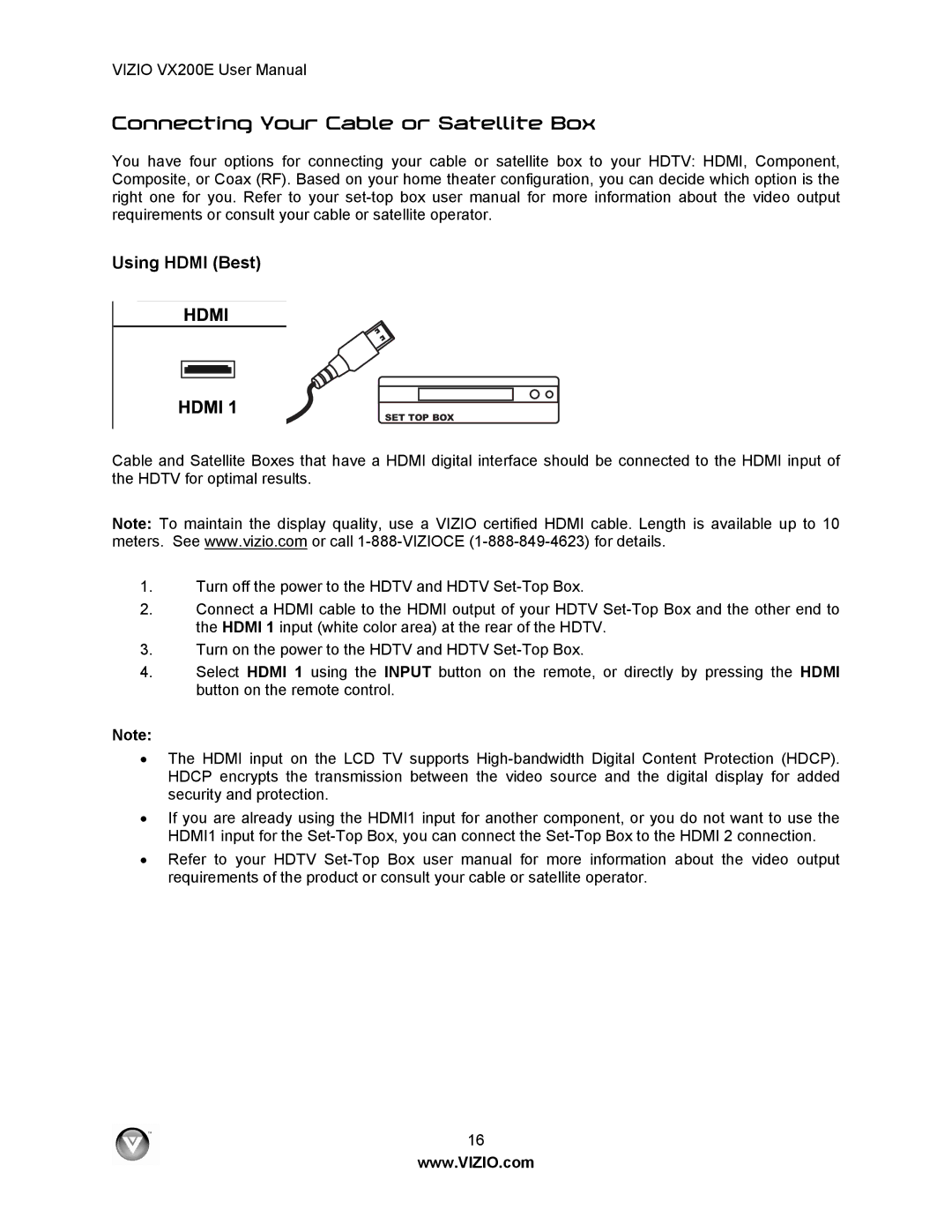 Vizio VX200E user manual Connecting Your Cable or Satellite Box, Using Hdmi Best 