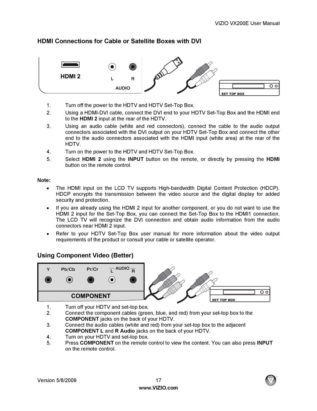 Vizio VX200E user manual Hdmi Connections for Cable or Satellite Boxes with DVI, Using Component Video Better 