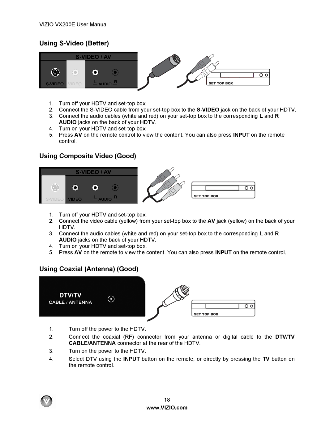 Vizio VX200E user manual Using S-Video Better, Using Composite Video Good, Using Coaxial Antenna Good 