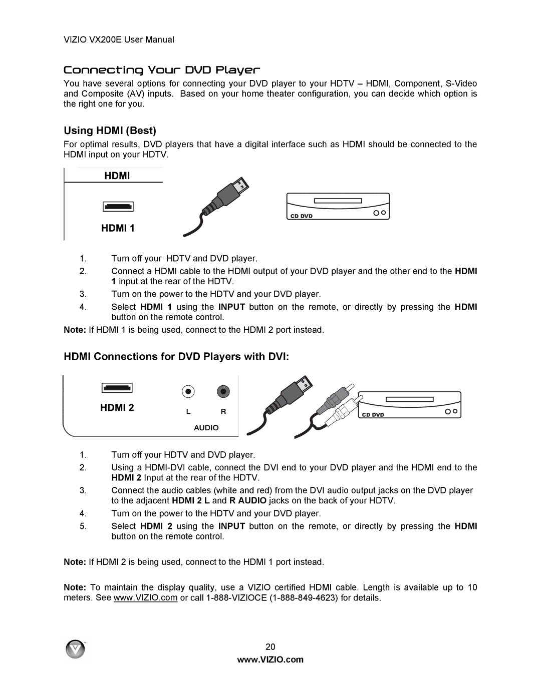 Vizio VX200E user manual Connecting Your DVD Player, Using Hdmi Best, Hdmi Connections for DVD Players with DVI 