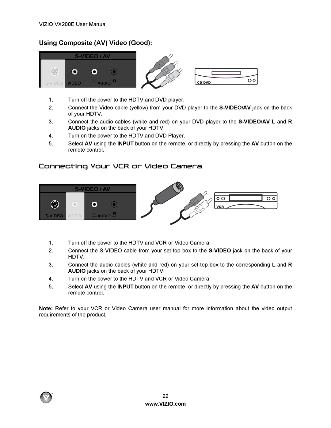 Vizio VX200E user manual Using Composite AV Video Good, Connecting Your VCR or Video Camera 