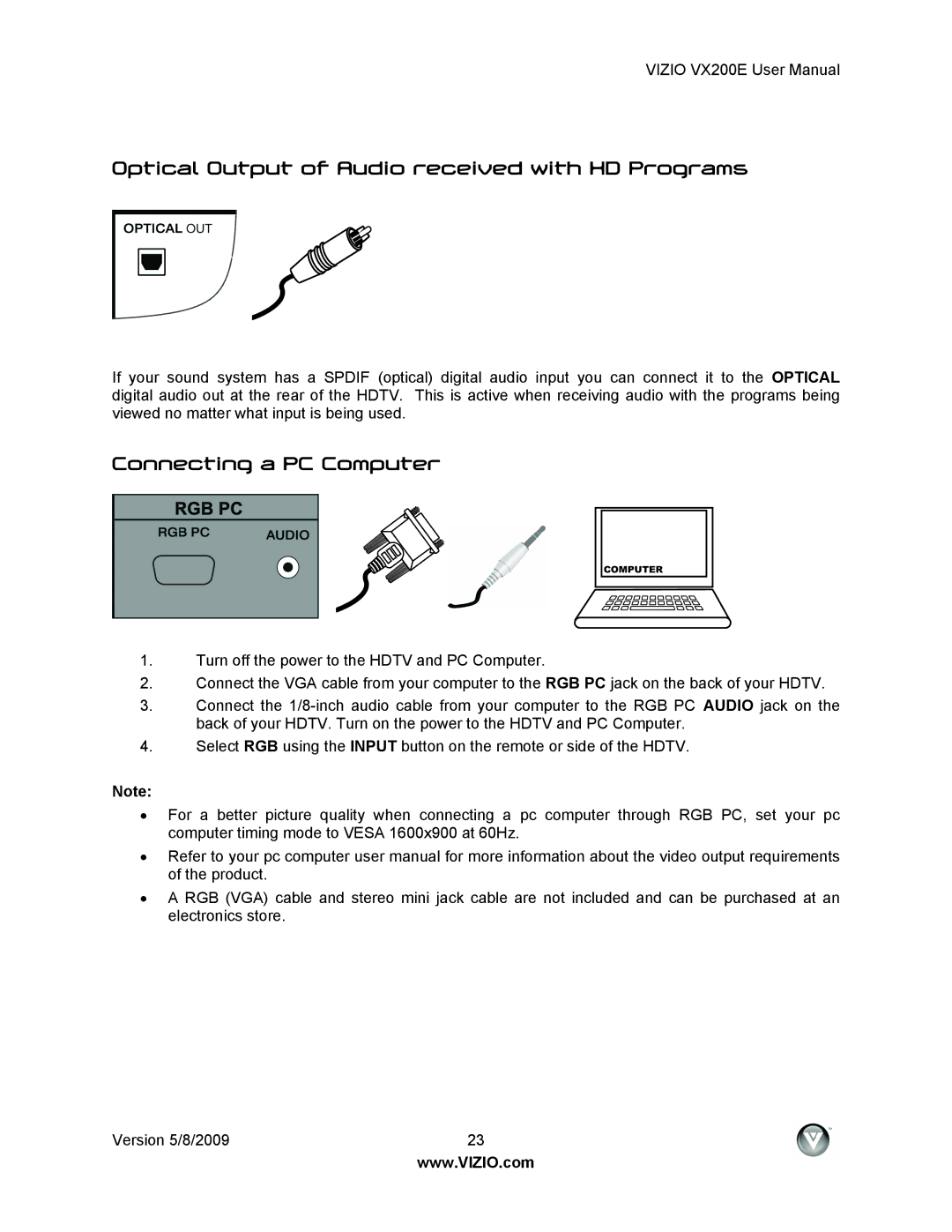 Vizio VX200E user manual Optical Output of Audio received with HD Programs, Connecting a PC Computer 