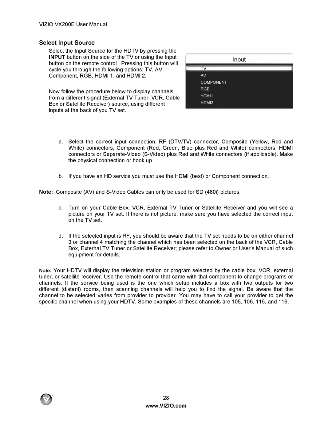 Vizio VX200E user manual Select Input Source 