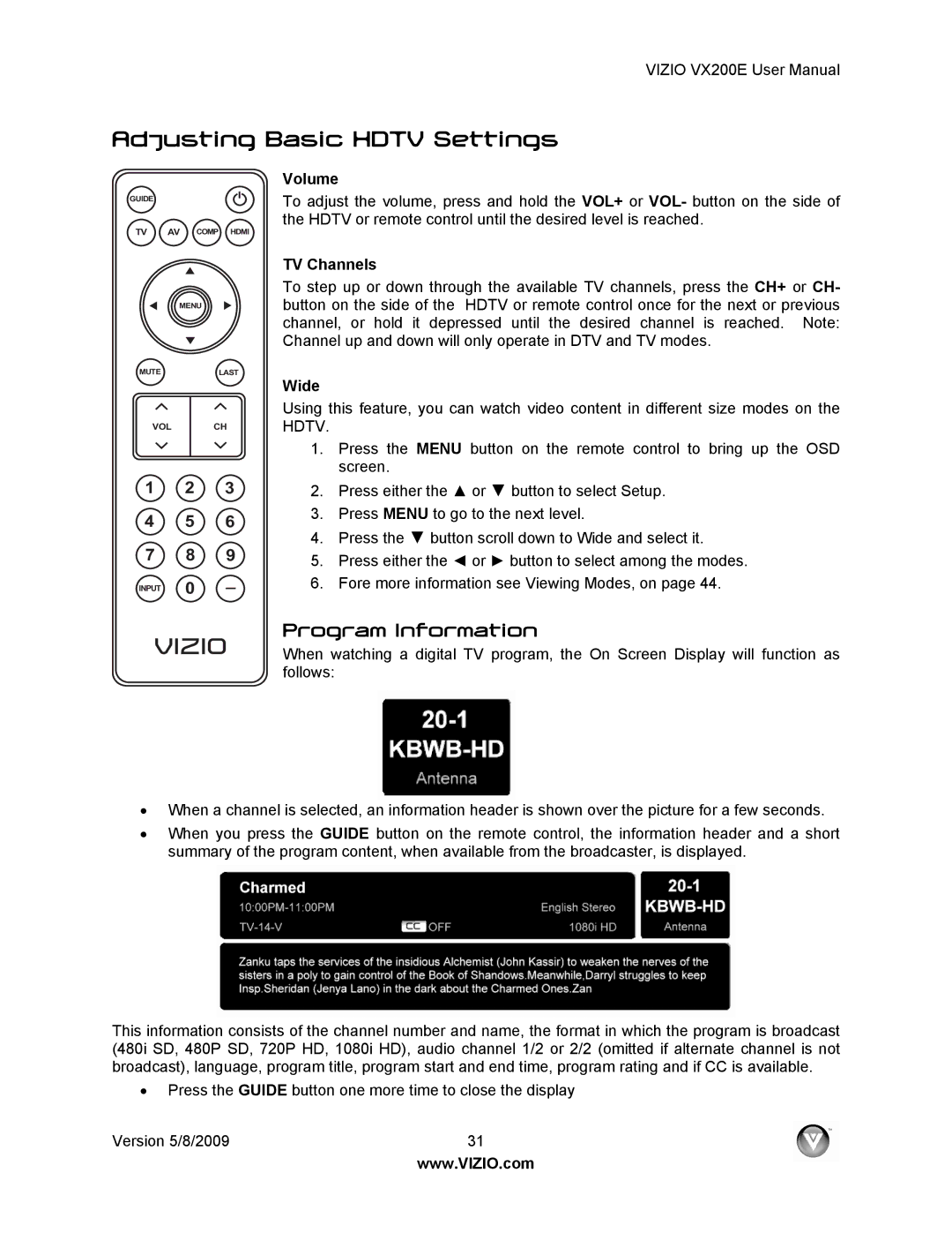 Vizio VX200E user manual Adjusting Basic Hdtv Settings, Program Information, Volume, TV Channels, Wide 