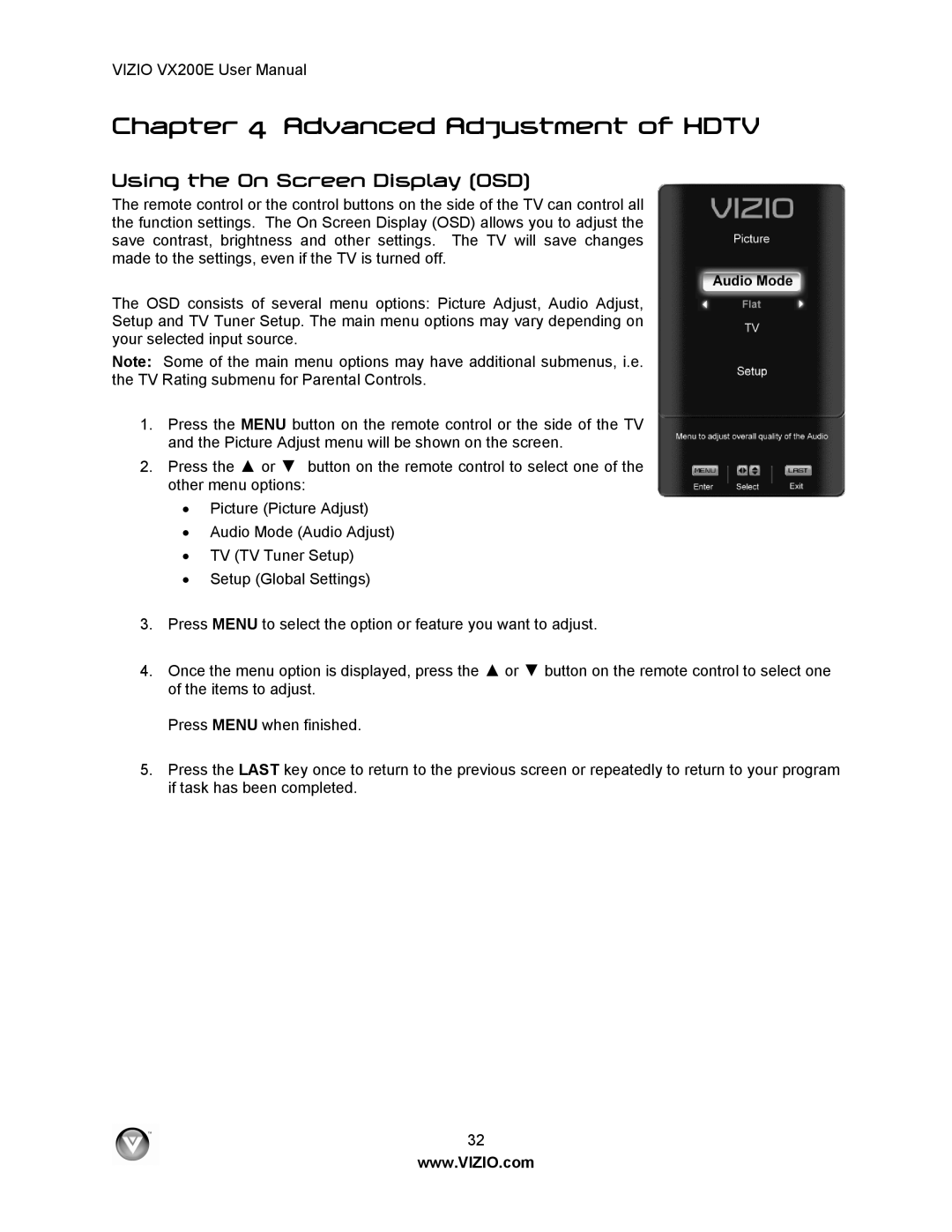 Vizio VX200E user manual Advanced Adjustment of Hdtv, Using the On Screen Display OSD 