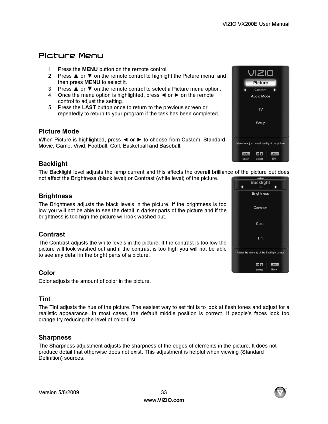 Vizio VX200E user manual Picture Menu 