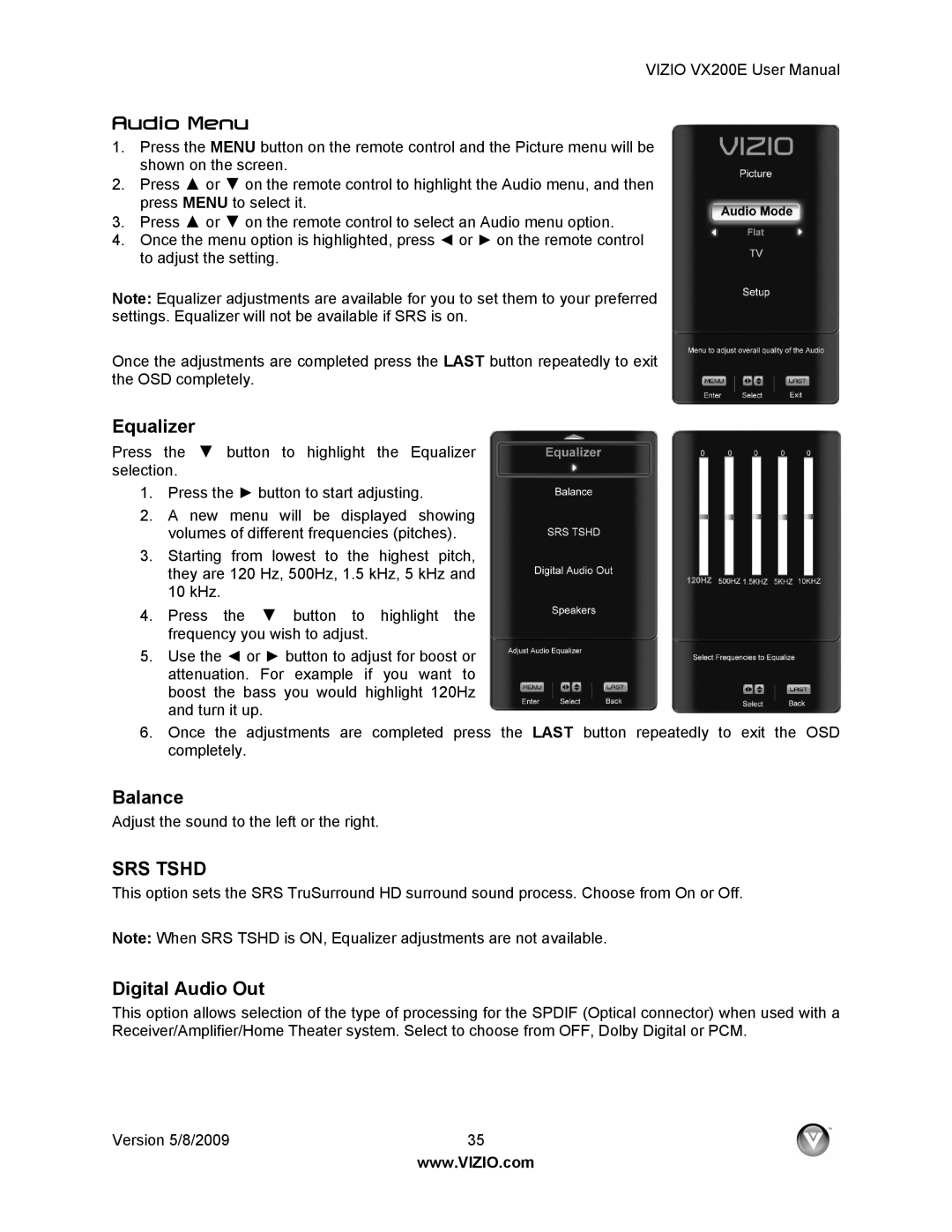 Vizio VX200E user manual Audio Menu, Equalizer, Balance, Digital Audio Out 