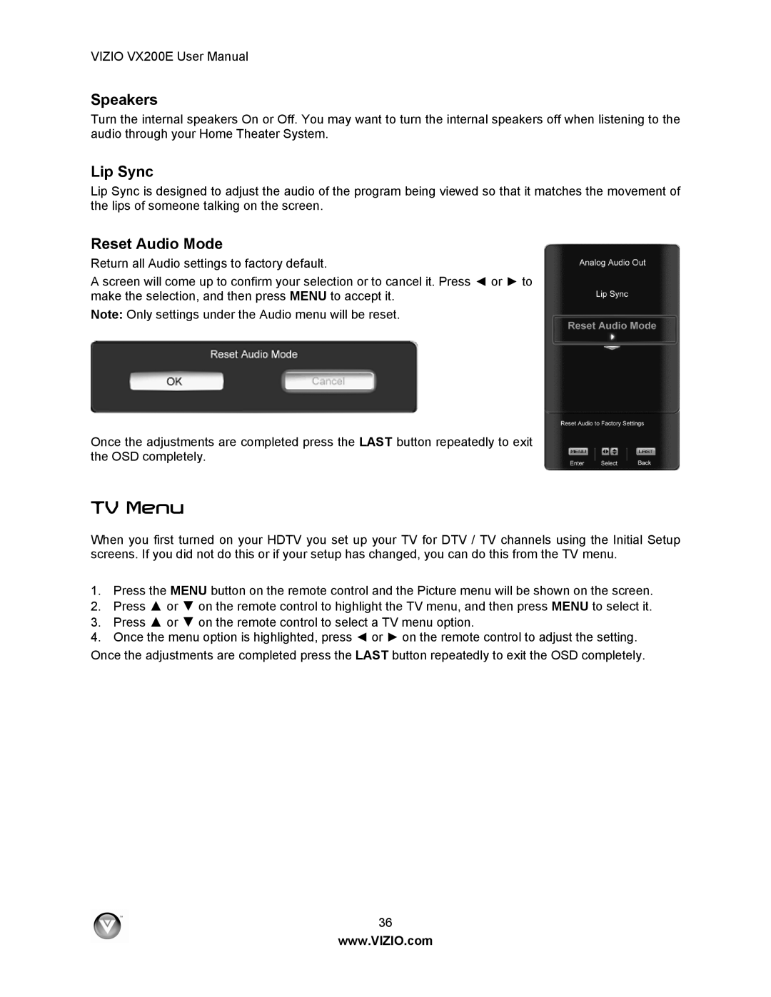 Vizio VX200E user manual TV Menu, Speakers, Lip Sync, Reset Audio Mode 