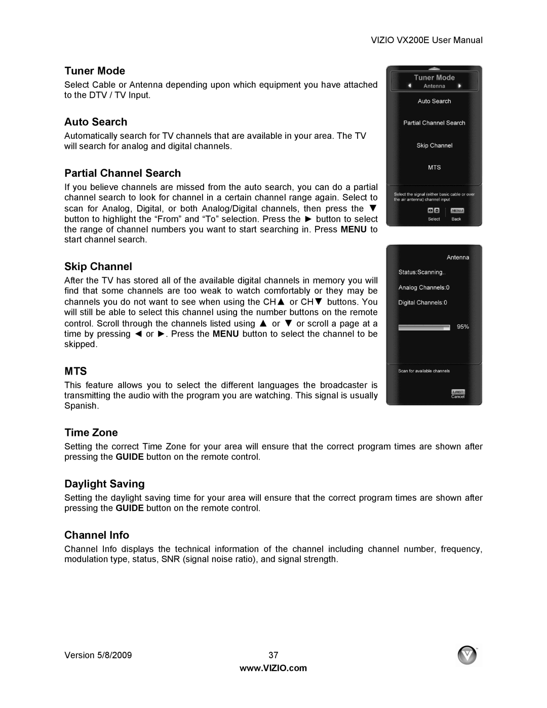 Vizio VX200E Tuner Mode, Auto Search, Partial Channel Search, Skip Channel, Time Zone, Daylight Saving, Channel Info 