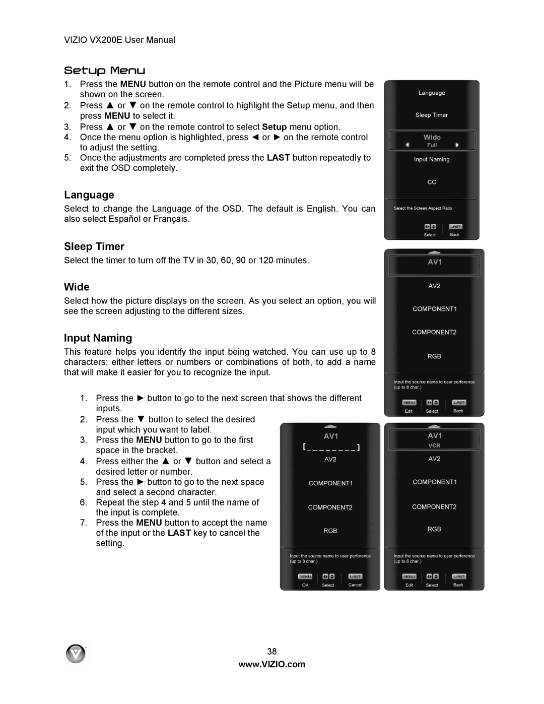 Vizio VX200E user manual Setup Menu, Language, Sleep Timer, Wide, Input Naming 