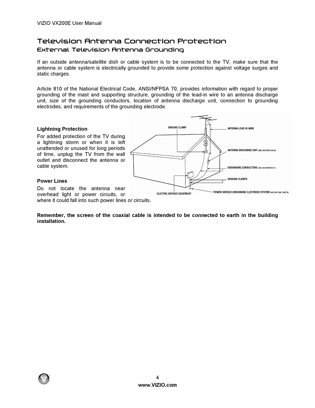 Vizio VX200E user manual External Television Antenna Grounding, Lightning Protection, Power Lines 