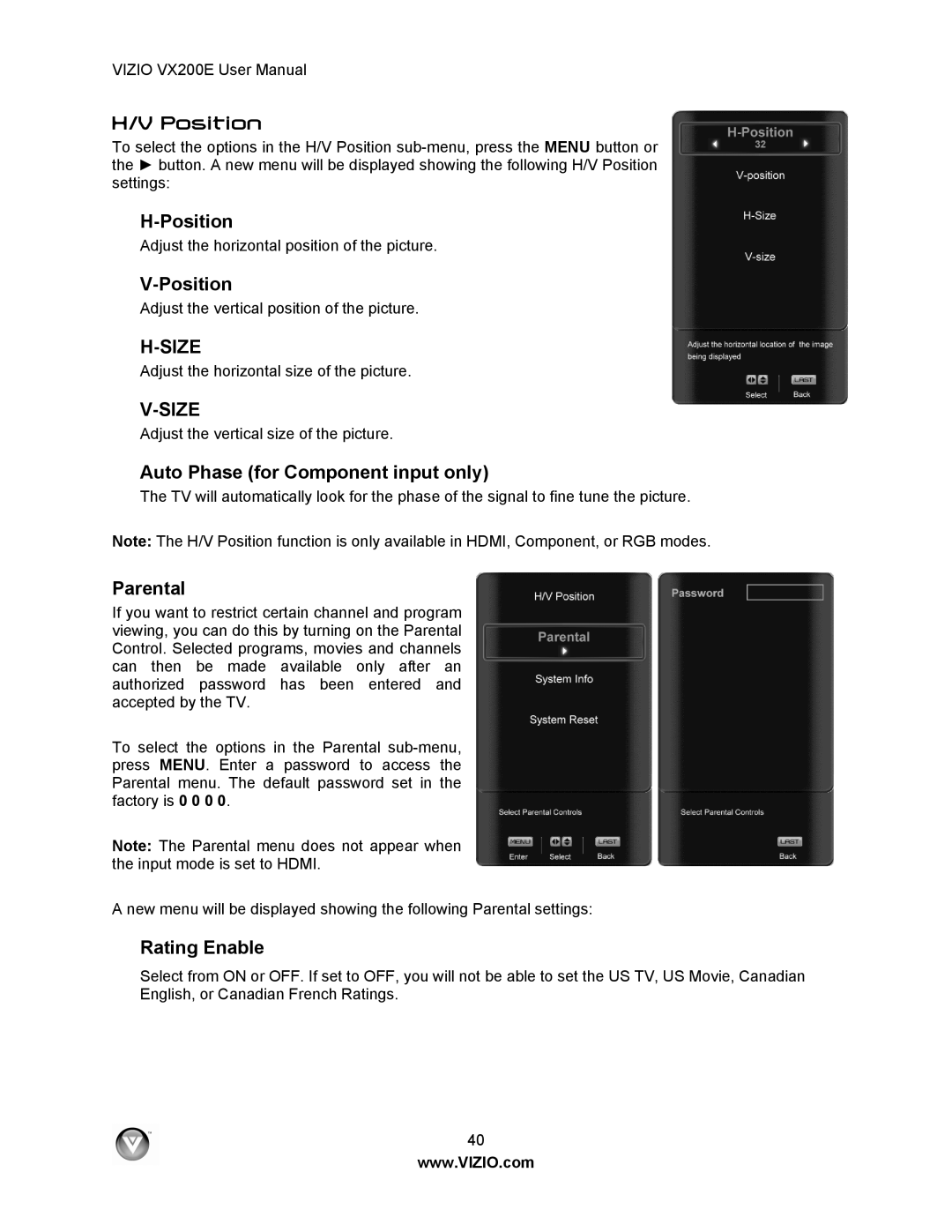 Vizio VX200E user manual Position, Auto Phase for Component input only, Parental, Rating Enable 