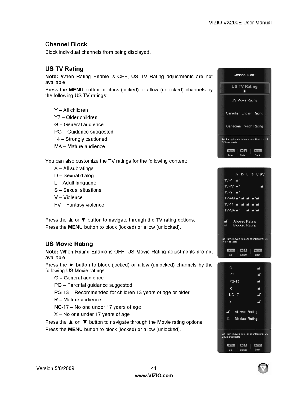 Vizio VX200E user manual Channel Block, US TV Rating, US Movie Rating 