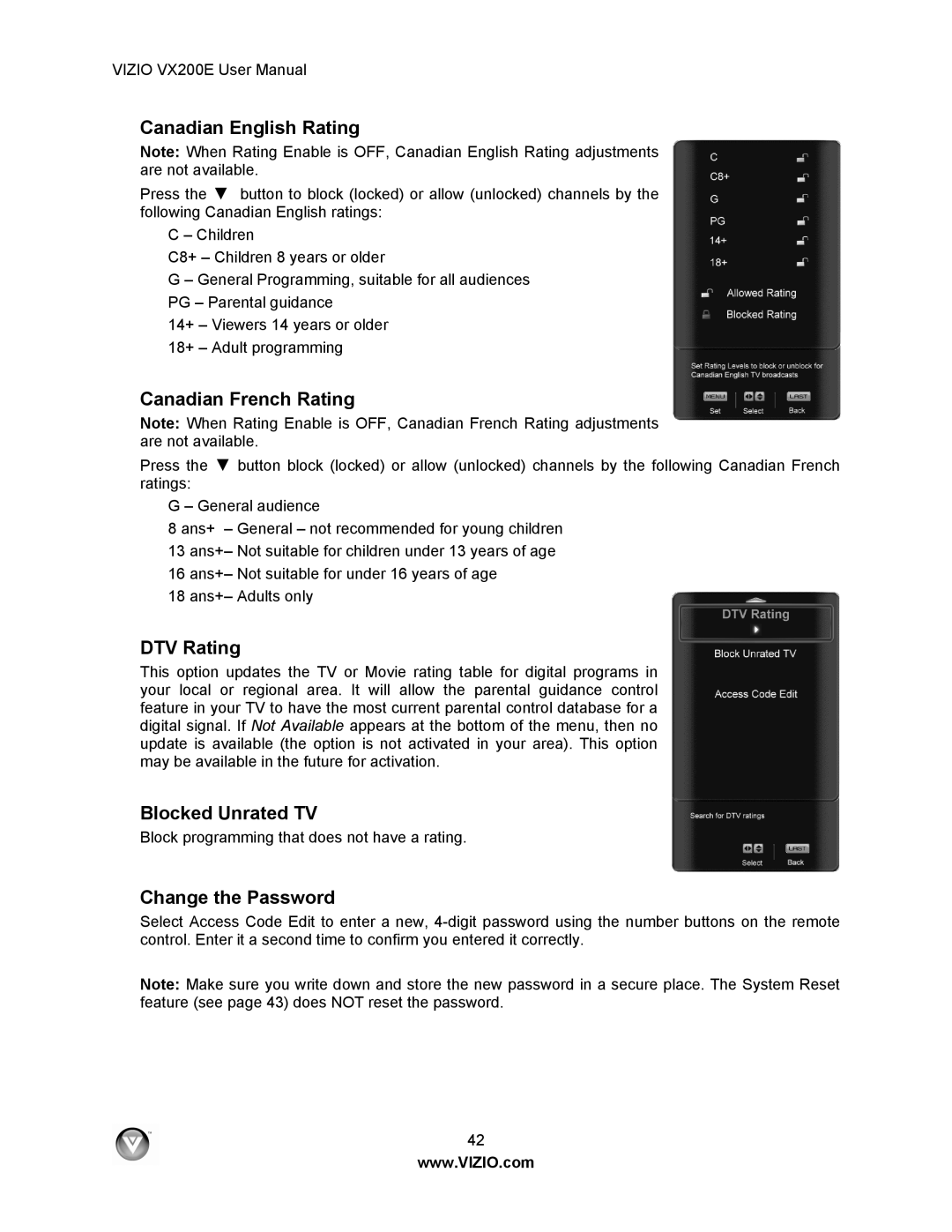 Vizio VX200E Canadian English Rating, Canadian French Rating, DTV Rating, Blocked Unrated TV, Change the Password 