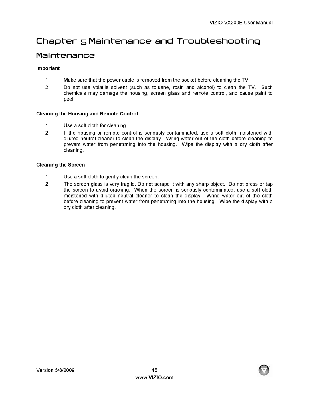 Vizio VX200E user manual Maintenance, Cleaning the Housing and Remote Control, Cleaning the Screen 