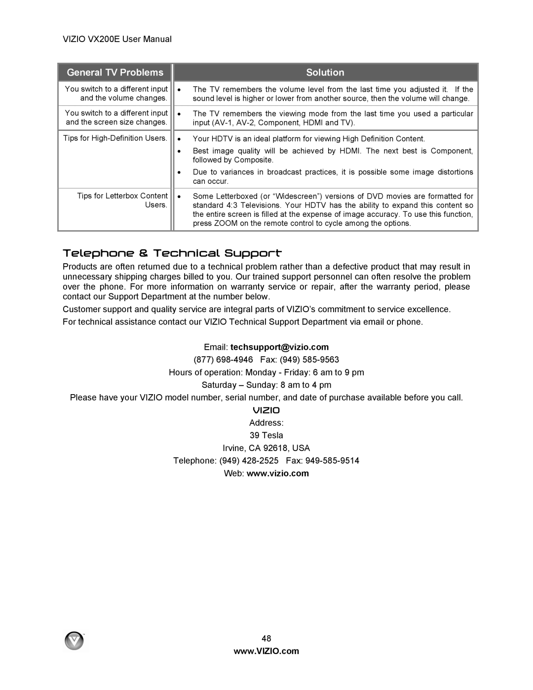 Vizio VX200E user manual Telephone & Technical Support, Email techsupport@vizio.com 