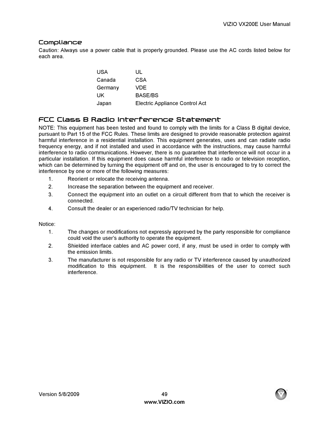 Vizio VX200E user manual FCC Class B Radio Interference Statement, Compliance 