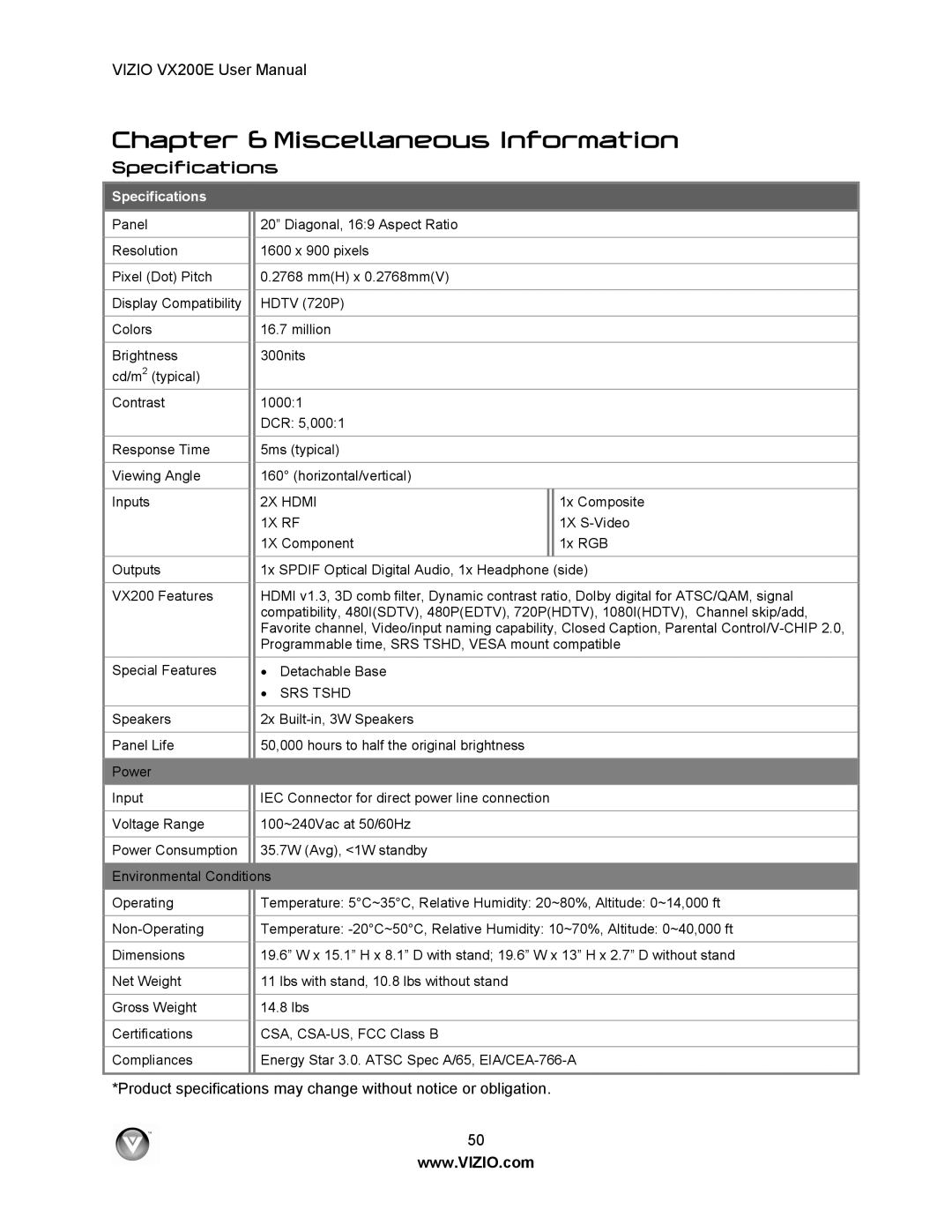 Vizio VX200E user manual Miscellaneous Information, Specifications 