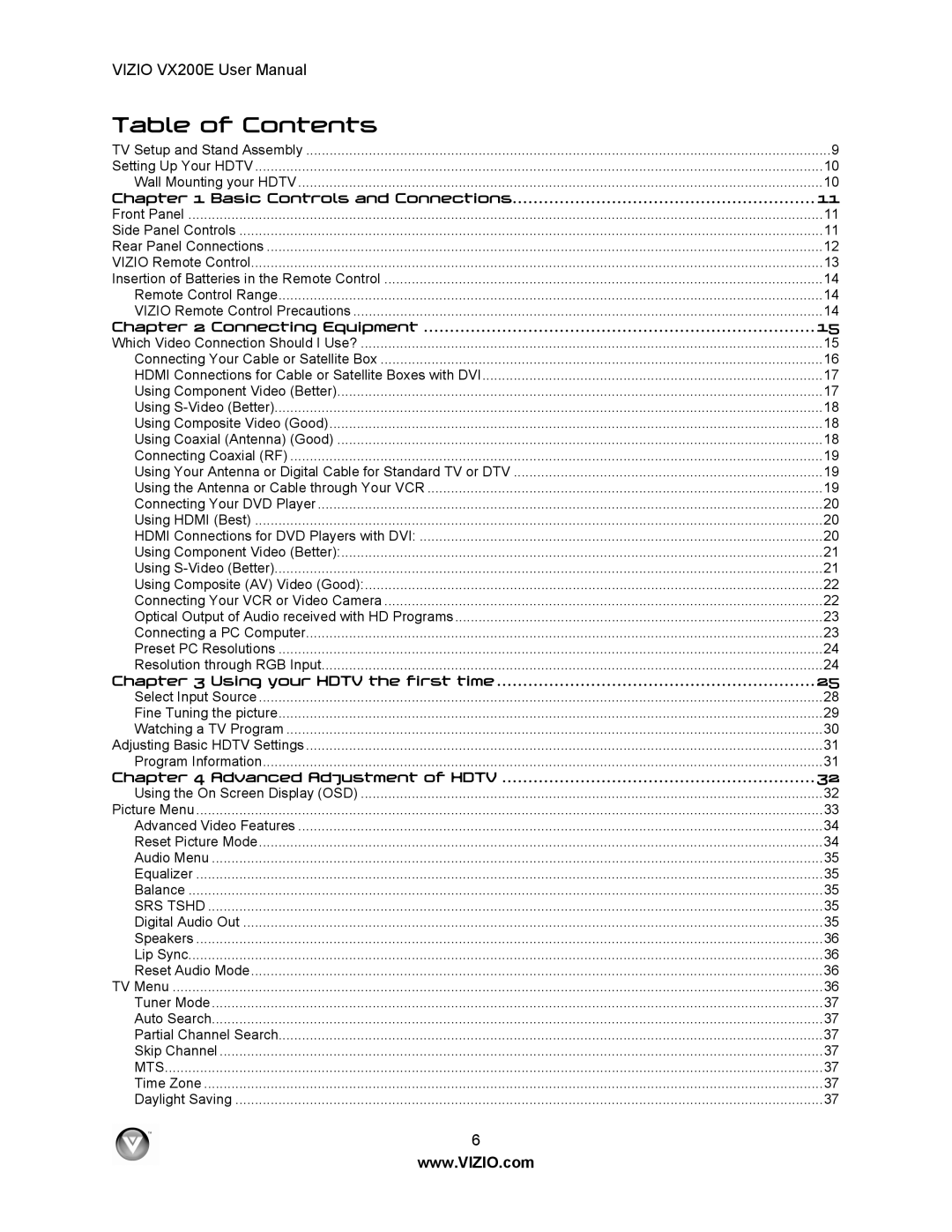 Vizio VX200E user manual Table of Contents 