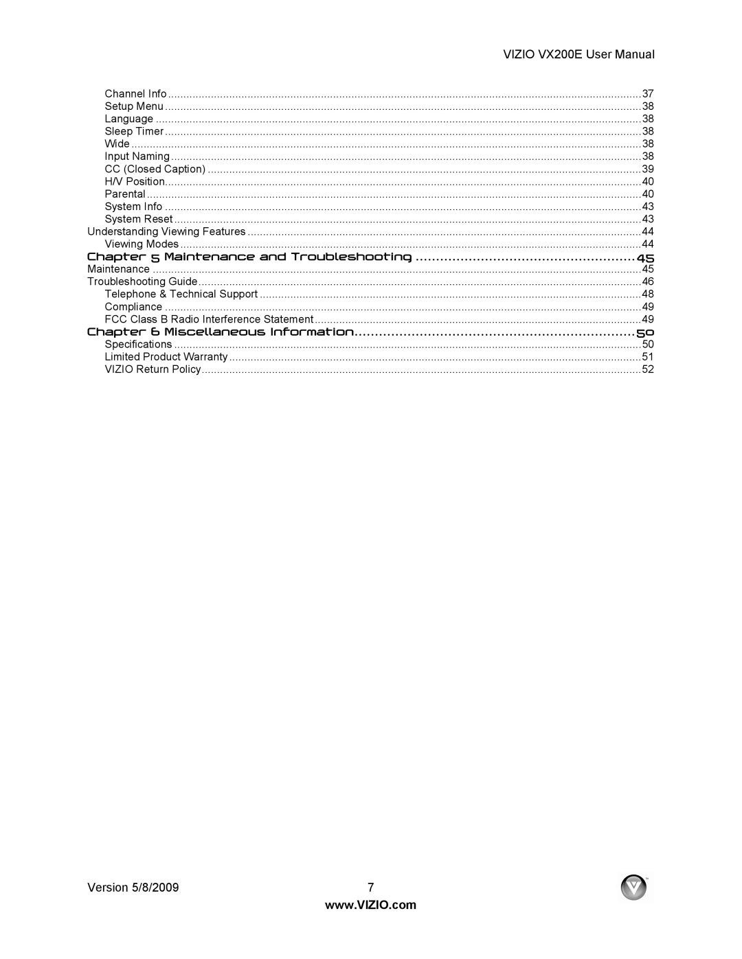 Vizio VX200E user manual Miscellaneous Information 