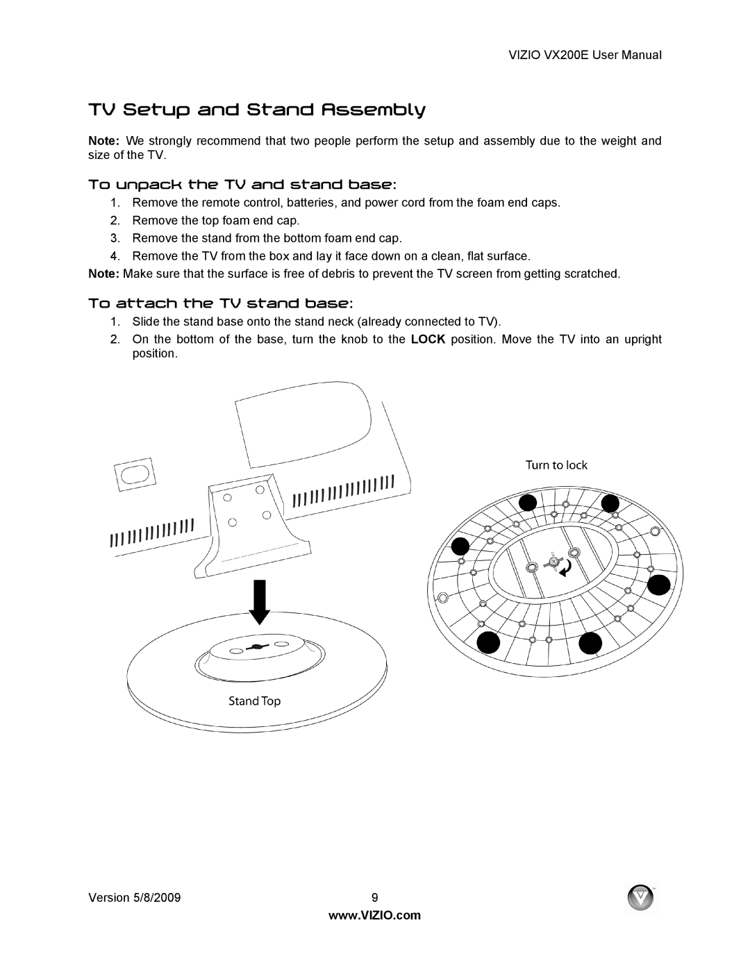 Vizio VX200E user manual TV Setup and Stand Assembly, To unpack the TV and stand base, To attach the TV stand base 