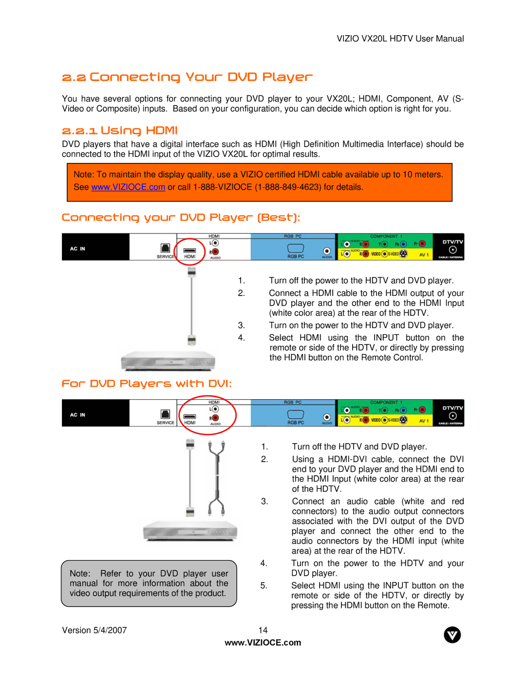 Vizio VX20L manual Connecting Your DVD Player, Using Hdmi, Connecting your DVD Player Best, For DVD Players with DVI 