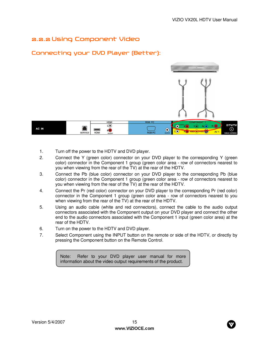 Vizio VX20L manual Using Component Video, Connecting your DVD Player Better 