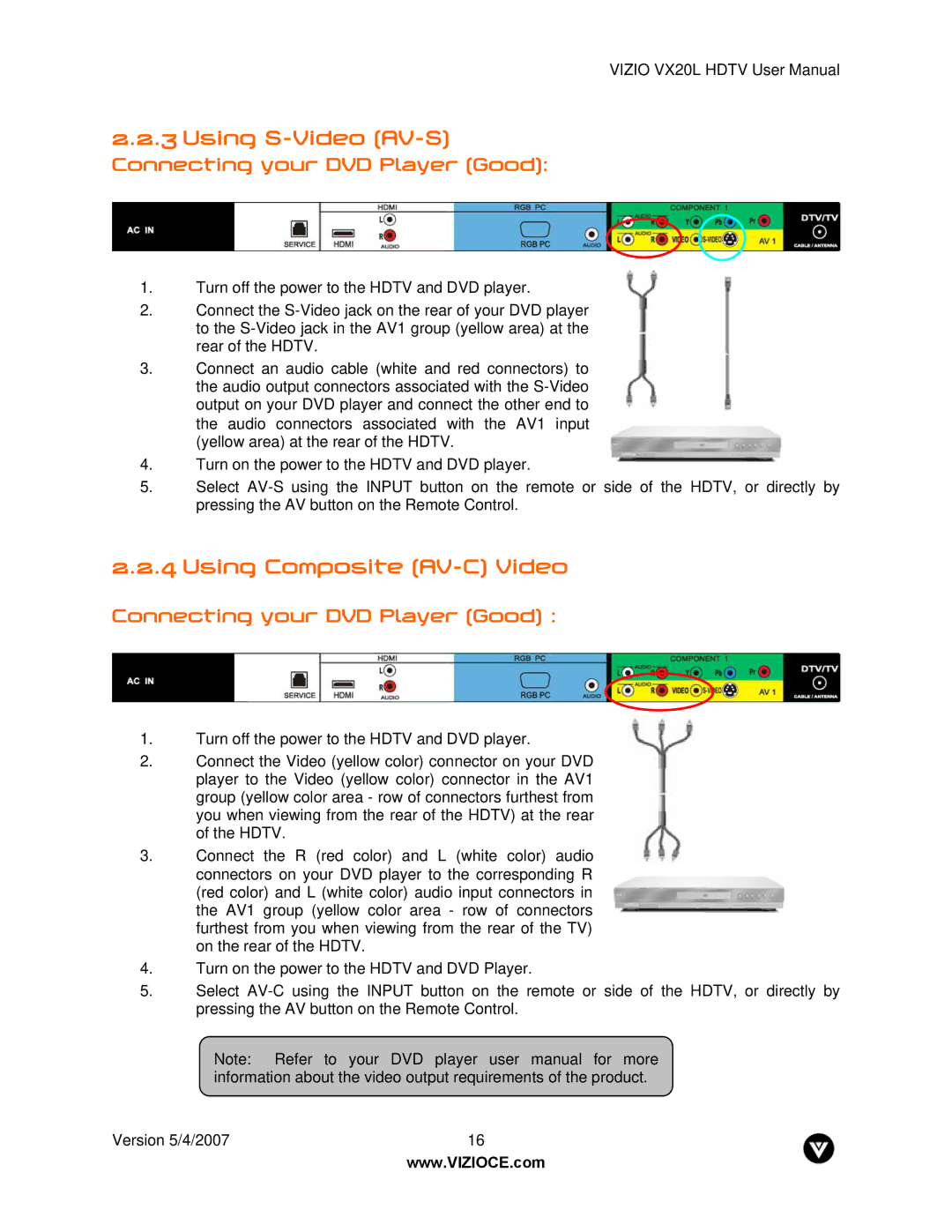 Vizio VX20L manual Using S-Video AV-S, Using Composite AV-C Video, Connecting your DVD Player Good 