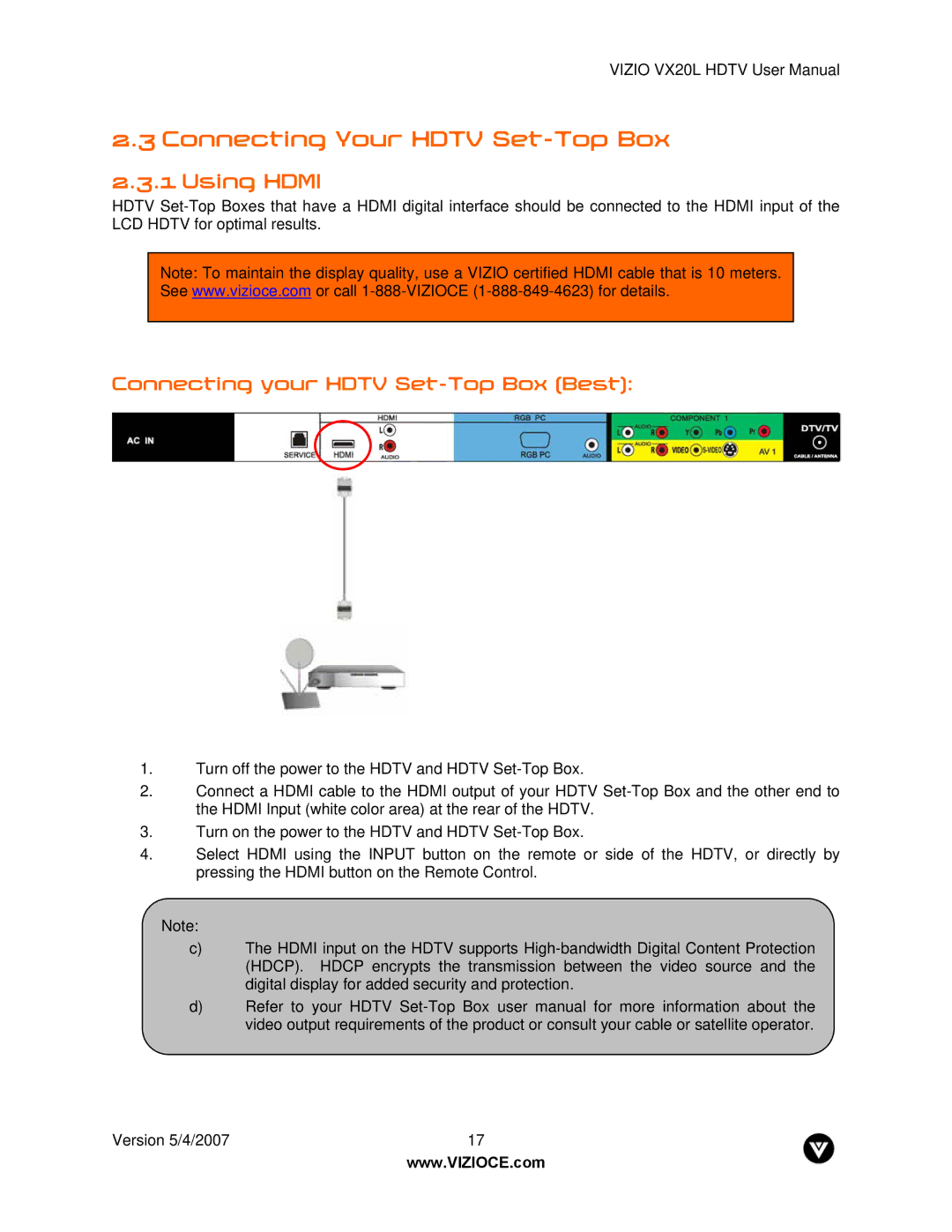 Vizio VX20L manual Connecting Your Hdtv Set-Top Box, Connecting your Hdtv Set-Top Box Best 