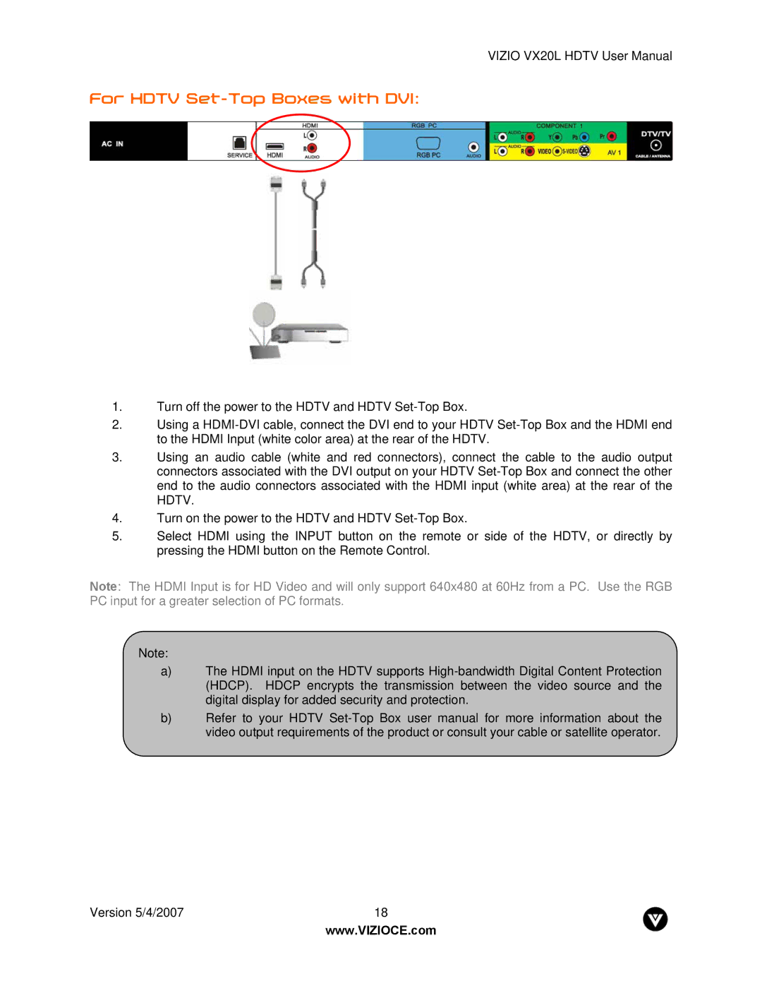 Vizio VX20L manual For Hdtv Set-Top Boxes with DVI 