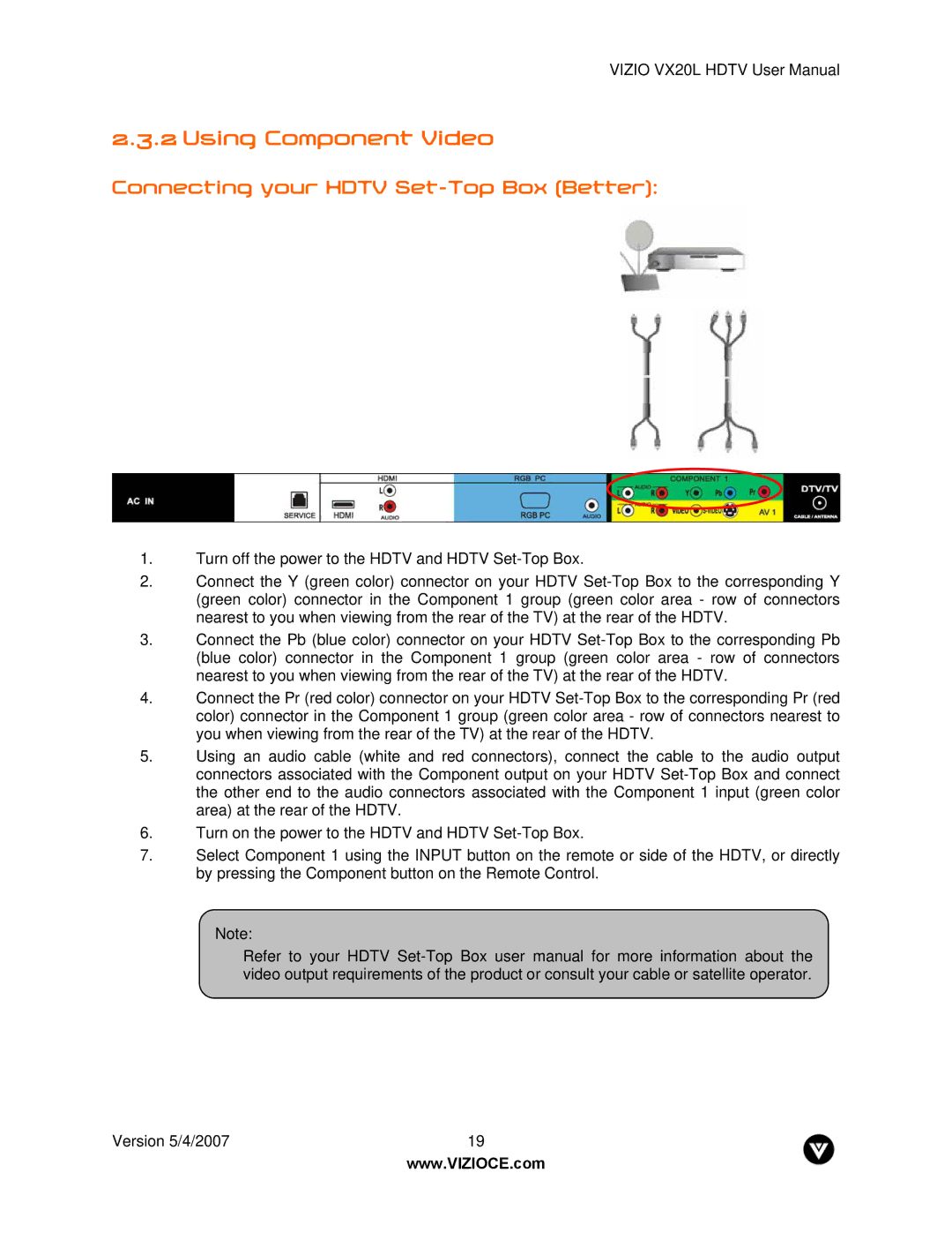 Vizio VX20L manual Using Component Video, Connecting your Hdtv Set-Top Box Better 