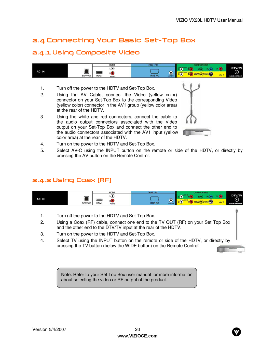 Vizio VX20L manual Connecting Your Basic Set-Top Box, Using Composite Video, Using Coax RF 