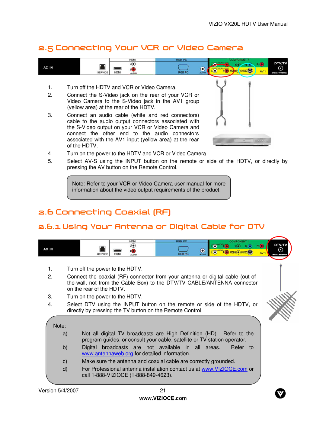 Vizio VX20L manual Connecting Your VCR or Video Camera, Connecting Coaxial RF, Using Your Antenna or Digital Cable for DTV 