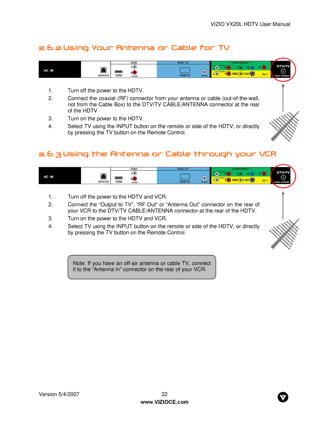 Vizio VX20L manual Using Your Antenna or Cable for TV, Using the Antenna or Cable through your VCR 