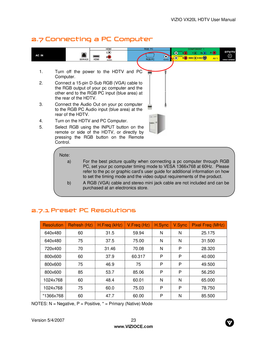 Vizio VX20L manual Connecting a PC Computer, Preset PC Resolutions 