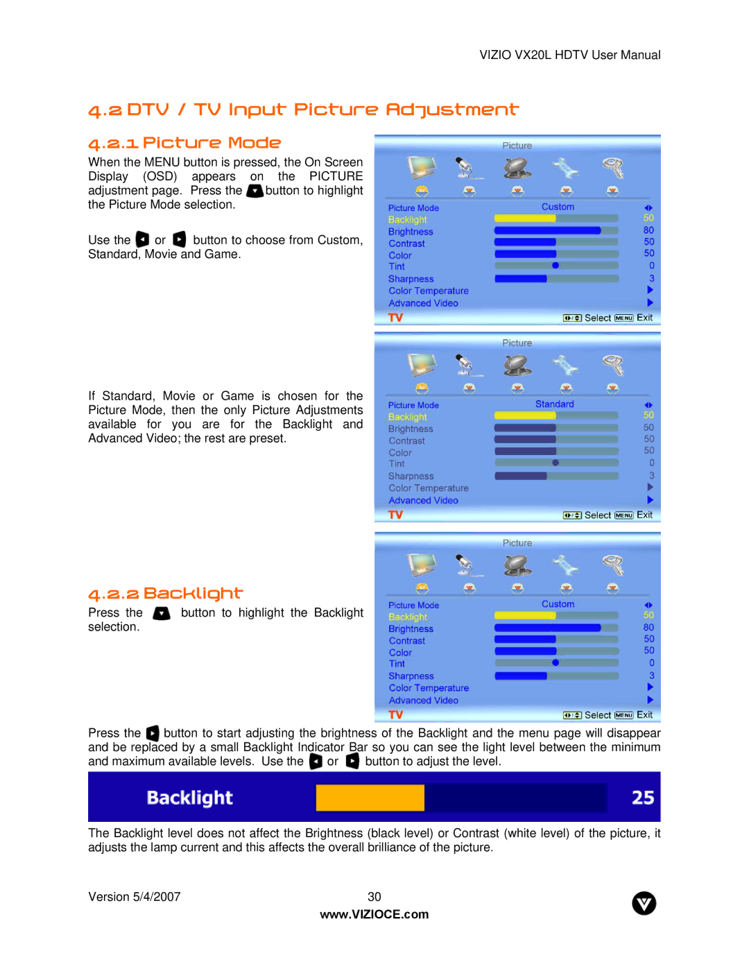 Vizio VX20L manual DTV / TV Input Picture Adjustment, Picture Mode, Backlight 